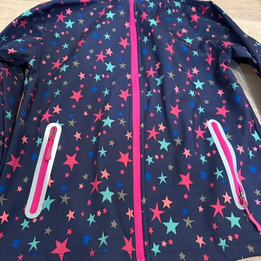 JINGLE BONGALA GIRLS HOODED RAIN JACKET 140 US SIZE 10 NAVY BLUE STARS